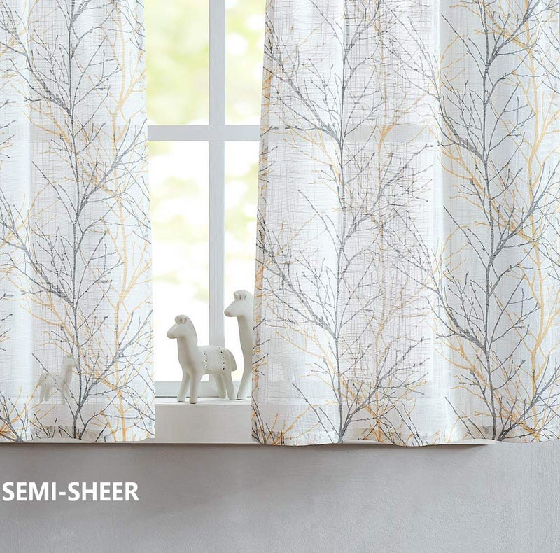 FMFUNCTEX Window Valance Curtains Yellow Grey Tree Branch Print on Semi Sheer White Short Valance for Kitchen Bathroom Rod Pocket Window Treatment 1 Panel, 50 x 15 Inches - Image 3